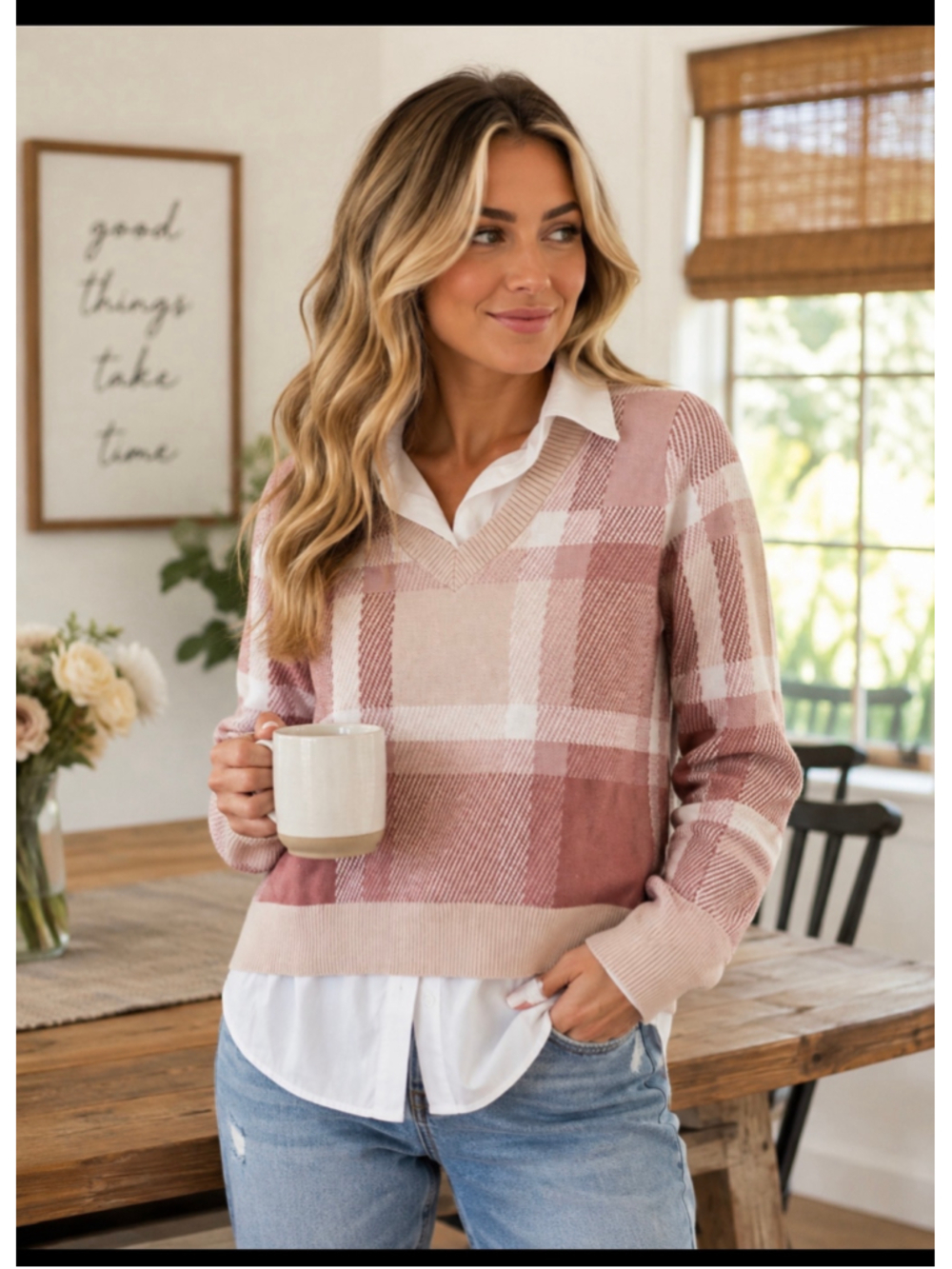 Women's Adrienne Vittadini Plaid V-Neck Sweater Shirt Combo, Size M, Pink/White